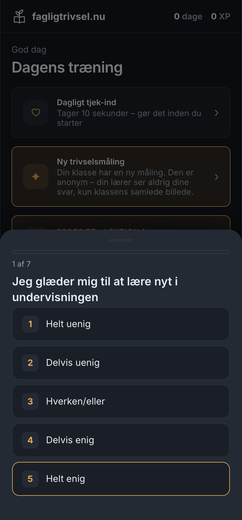 Trivselsmålingen på elevens telefon: ét spørgsmål ad gangen på en 5-punkts skala, anonymt