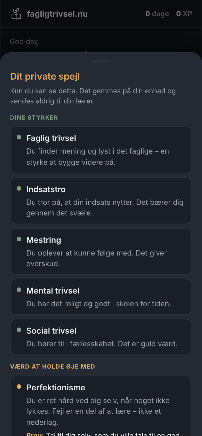 Elevens private spejl: egen profil på tværs af domæner med støttende refleksion