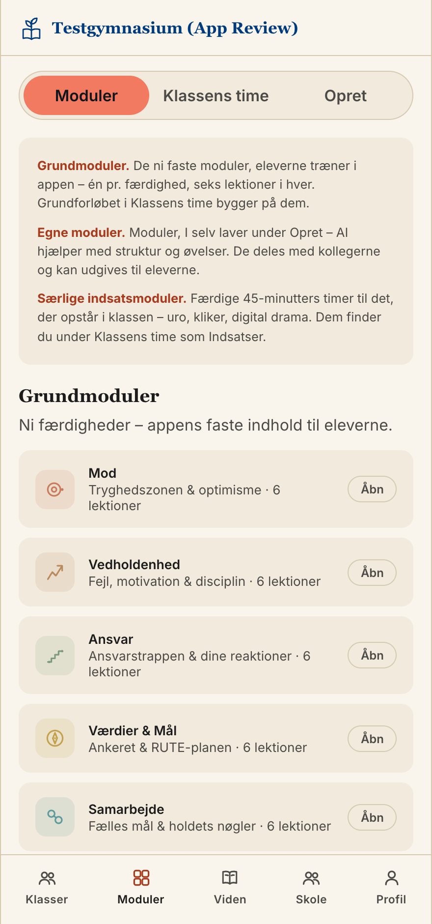 Moduler-fanen med forløb og enheder