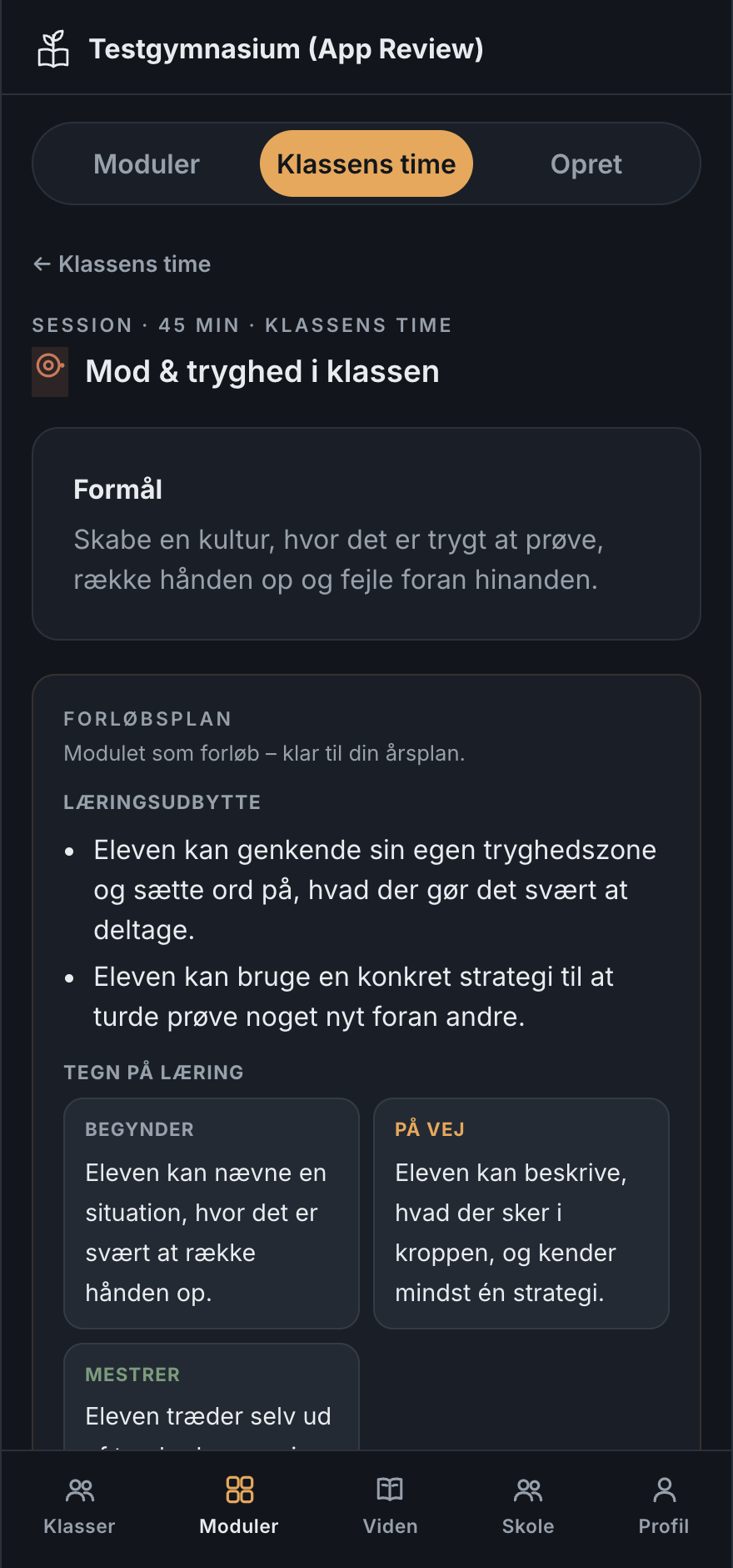Klassens time-session for læreren: Mod og tryghed i klassen med formål, læringsudbytte og tegn på læring